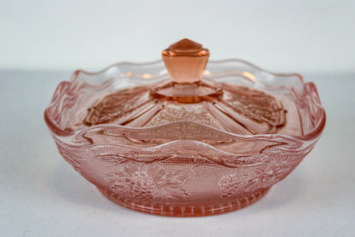 Pink, Vintage, Snack Bowl, with a lid, leaf and grape pattern